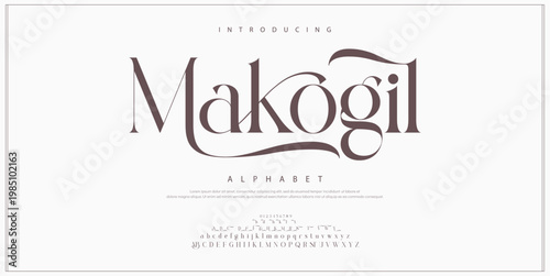 Makogil Elegant luxury alphabet letters font and number. Classic Italic Lettering Minimal Fashion Designs. Typography fonts regular uppercase and lowercase. vector illustration