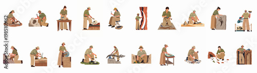 Comprehensive collection of archaeologists and paleontologists excavating various fossils, dinosaur bones, and ancient artifacts in flat vector style.