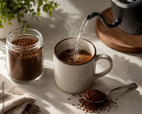 Hot water being poured into instant coffee cup with coffee granules and steam