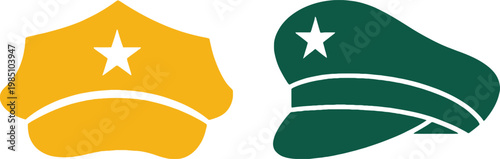 Flat of a yellow police cap and a dark green military officer hat with white star symbols isolated on a white background for uniform identification and rank representation