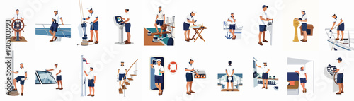 Flat Illustration Set of a Professional Yacht Crew Member Performing Various Duties and Maritime Tasks on a Boat or Ship Deck.