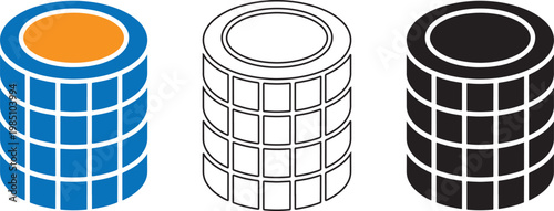 Three cylindrical stacks with varying colors and fill patterns displayed
