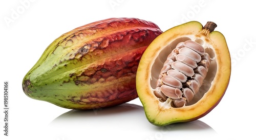 Cacao pods with seeds on white.
