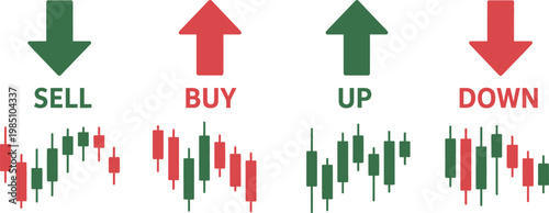 Four financial trading with red and green arrows and text labels sell buy up down above candlestick charts representing market trends and stock exchange movements on a plain white background