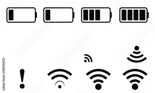 Set of black battery charge level indicators and wireless signal strength with exclamation mark symbol on a white background