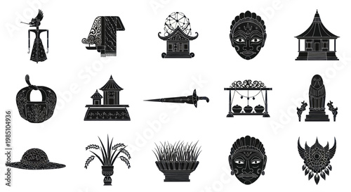 Collection of traditional Indonesian cultural and spiritual symbols in silhouette.
