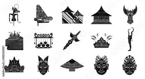 Collection of Traditional Indonesian Cultural Icons and Symbols.