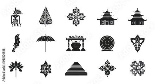 Collection of traditional Indonesian cultural symbols and icons in black silhouette.