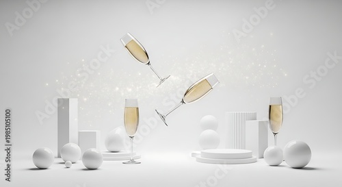 Champagne Glasses and White Objects Floating.