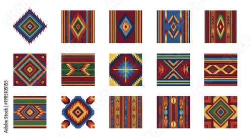 Collection of vibrant geometric patterns inspired by traditional weaving and textile art.