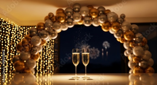 Champagne Glasses Under Balloon Arch Party.
