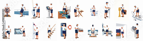 Comprehensive set of flat vector illustrations featuring a professional yacht crew member performing various nautical tasks, navigation, and boat maintenance duties.