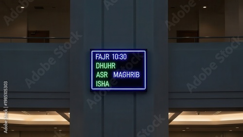 Illuminated prayer time display board providing spiritual guidance within a contemporary