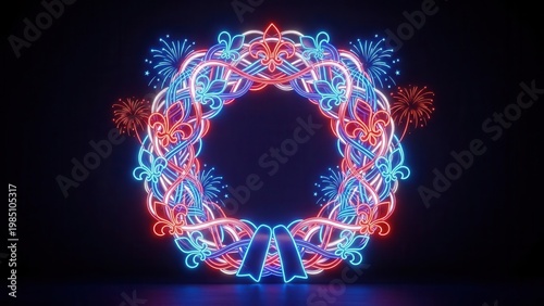 Vibrant neon wreath with patriotic colors and fleur-de-lis motifs for festive celebrations