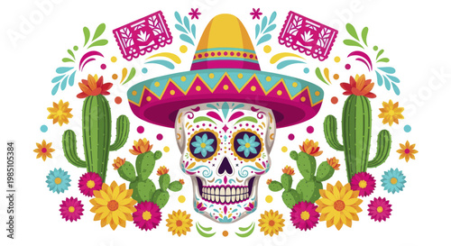 Colorful Sugar Skull with Sombrero and Cacti for Day of the Dead.