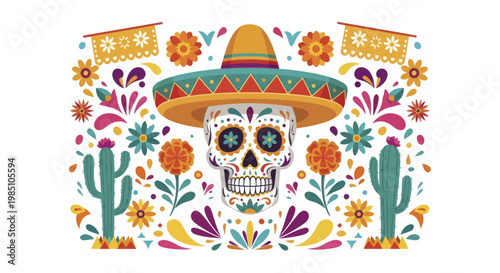 Colorful Sugar Skull with Sombrero and Floral Decorations.