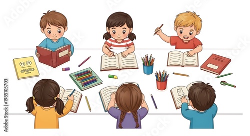 Children studying together at table.