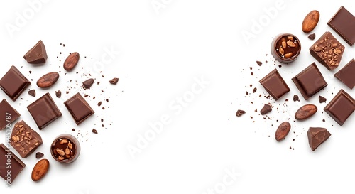Chocolate and nuts on white background.