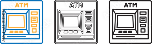 Three atm machine icons in varying styles color outline and solid