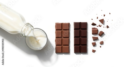 Chocolate bars and milk bottle arrangement.