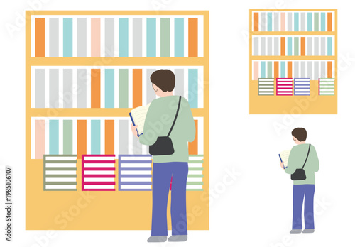 本棚の前で本を選ぶ後ろ姿の男性のベクターイラスト