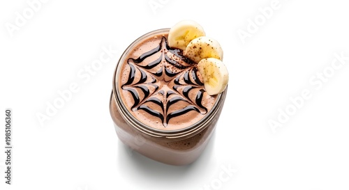 Chocolate dessert with banana slices on top.