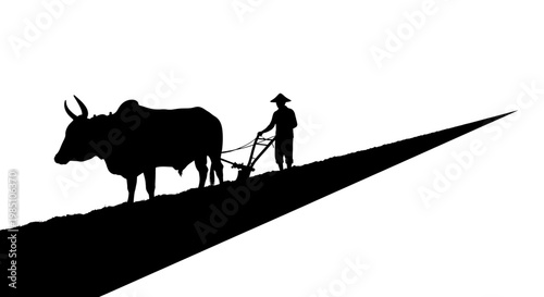 A minimalist vector graphic illustration of a farmer plowing a field with an oxen in a simple black silhouette style