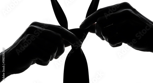 A pair of hands tying a necktie in a simple black silhouette against a white background