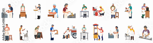 Flat vector illustration set of street food vendors and workers preparing, frying, and selling churros and snacks in various stages of production.
