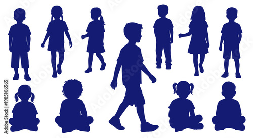 Diverse Children Silhouettes Collection, Standing and Sitting Poses
