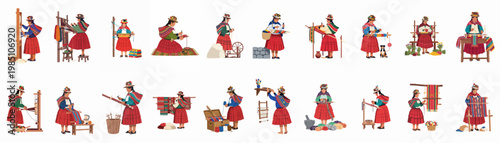 Set of Andean women in traditional Peruvian clothing engaged in various stages of textile weaving, spinning, and fabric production on white background.
