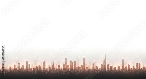 City skyline at sunset with skyscrapers.