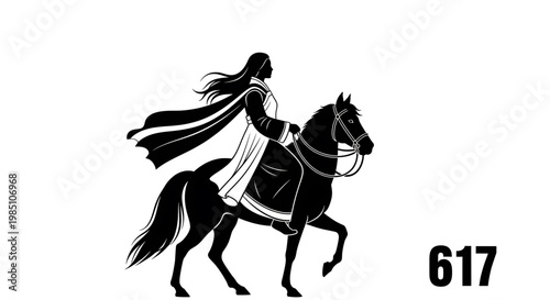 A minimalist vector graphic illustration of a woman riding a horse in a dynamic pose