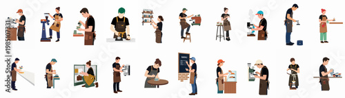 Collection of diverse barista characters performing various cafe tasks like brewing coffee, making latte art, and serving, in a flat vector illustration style.
