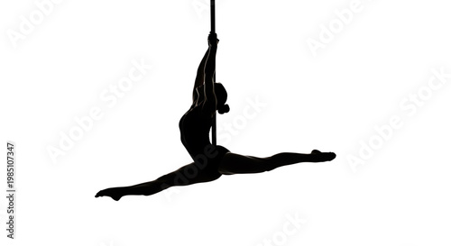 A silhouette of a woman performing aerial pole dancing against a white background