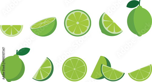 Set of flat lime featuring whole fruits with leaves and various sliced segments including wedges and round cross sections in shades of bright green isolated on a white background