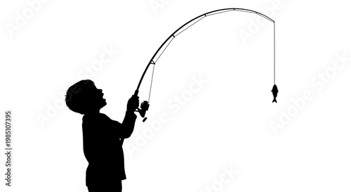A silhouette of a young boy fishing with a bent rod and a caught fish on a white background