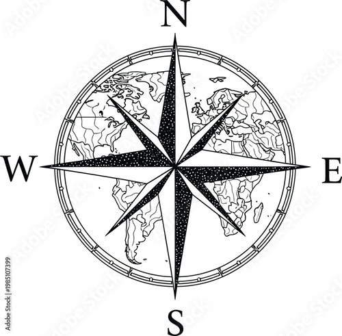 Vintage nautical compass rose with world map silhouette background.