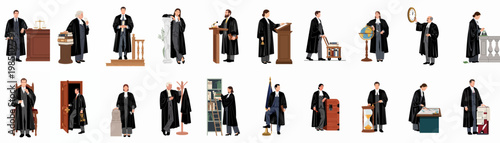 Comprehensive set of flat vector illustrations depicting male and female judges in traditional black robes with various legal props and icons of justice.