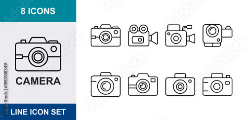 8 Camera linear icons lens shutter movie camcorder dslr photography equipment, UI and web interface design