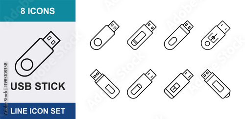 8 USB stick linear icons flash drive memory storage hardware portable data device, UI and web interface design