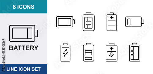 8 Battery linear icons energy level, charging status, power supply, electric cell, UI and web interface design