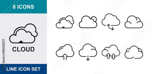 8 Cloud linear icons upload download storage weather server data transfer, UI and web interface design