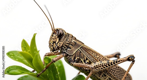 Closeup of grasshopper on green leaves.