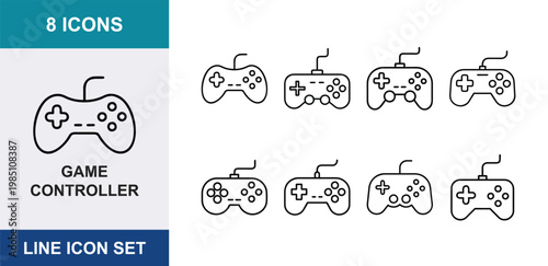 8 Game controller linear icons gamepad joystick console buttons d-pad wire, UI and web interface design