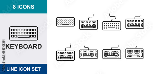 8 Keyboard linear icons computer hardware keys wired wireless peripheral devices, UI and web interface design