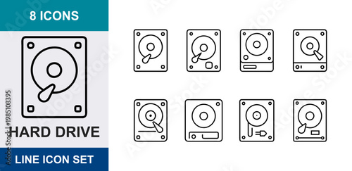 8 Hard Drive linear icons hdd disk storage memory hardware computer components, UI and web interface design
