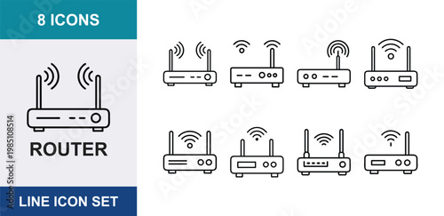 8 Router linear icons wifi modem antenna signal wireless broadband hardware, UI and web interface design