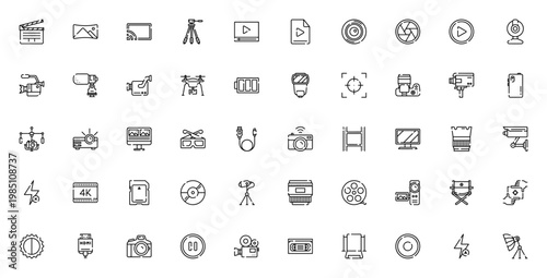 Video Camera icon set. Vector illustration collection. Includes clapperboard, lens, drone, microphone, projector, editing tools and more. Editable stroke icons.