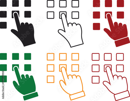 Set of six showing a human hand pressing a button on a keypad grid in black red green and orange colors with solid and outline styles for user interface and digital interaction concepts
